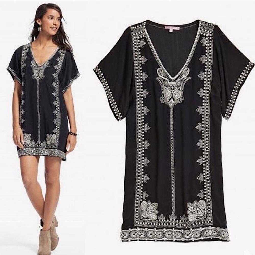 Calypso St. Barth Stacey Silk Embroidered‎ Embellished Tunic Dress Black Small
